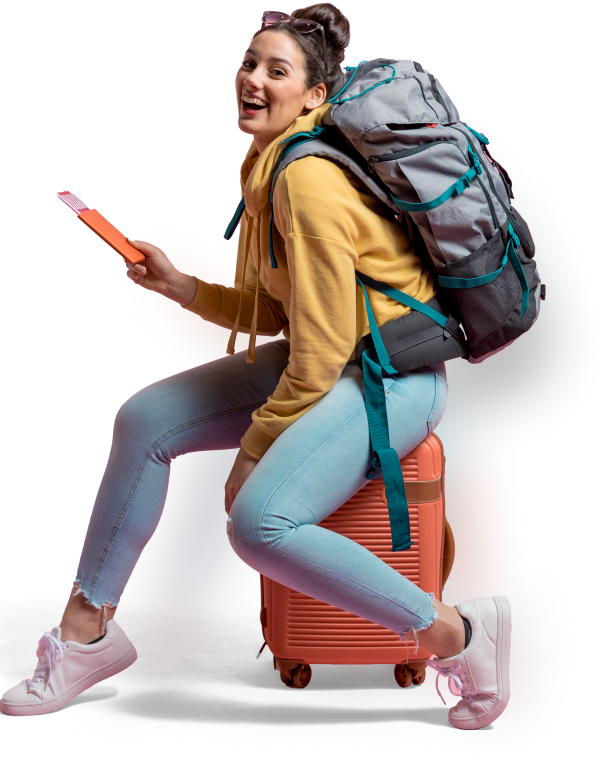 Woman with gray-green backpack sitting on orange suitcase